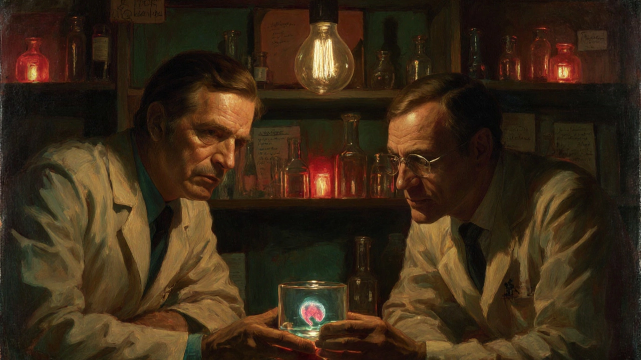 Scientists in 1970s lab examining an embryo in a glass dish under dim red light.