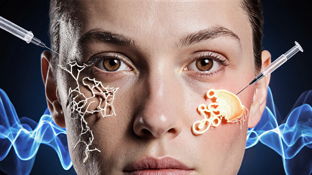 Split-face illustration showing aging skin with broken collagen versus restored youth with fillers