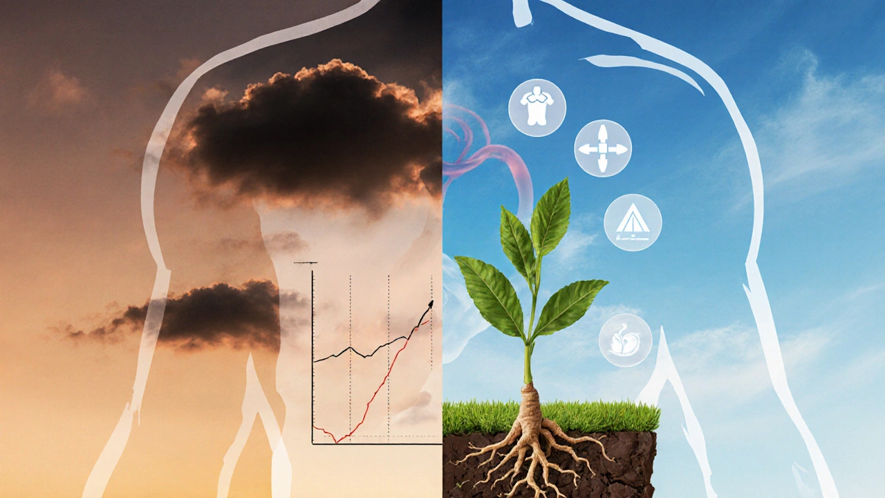 Split silhouette of stressed body vs balanced body with ashwagandha root symbolizing harmony