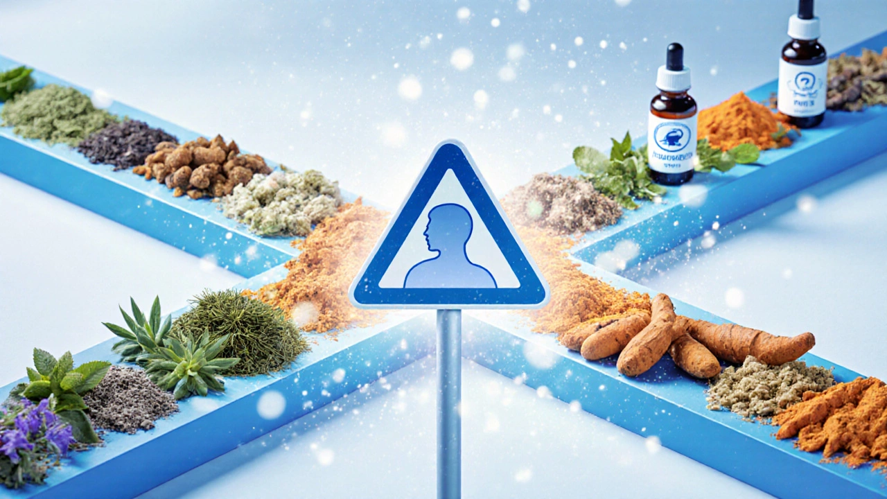 Two healing paths intersecting with a warning symbol representing potential medicine interactions.