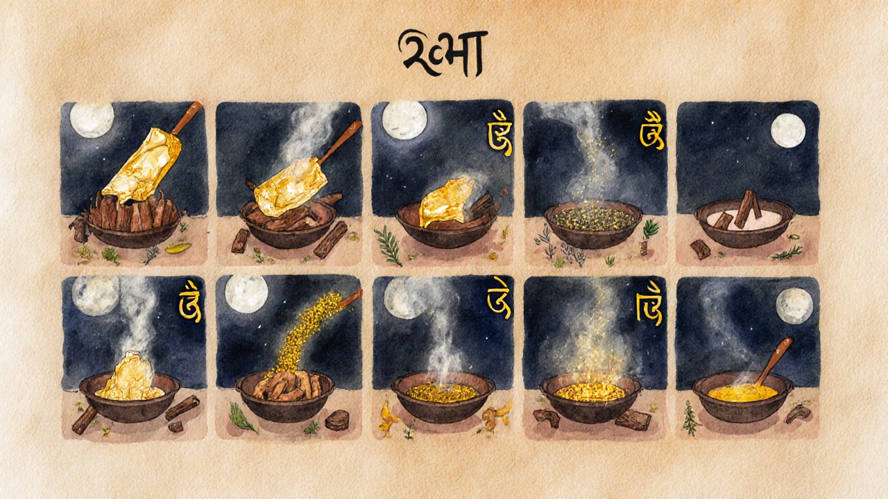 Watercolor illustration showing the 21-step process of transforming gold into bhasma.