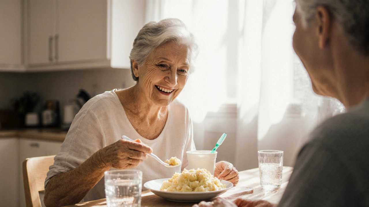 Woman smiling while eating soft food, showing restored confidence after dental implant recovery.