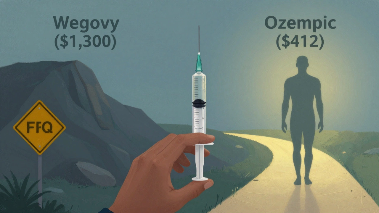 A person choosing a safe, affordable weight loss path with Ozempic over the expensive Wegovy route, symbolized by two contrasting paths.
