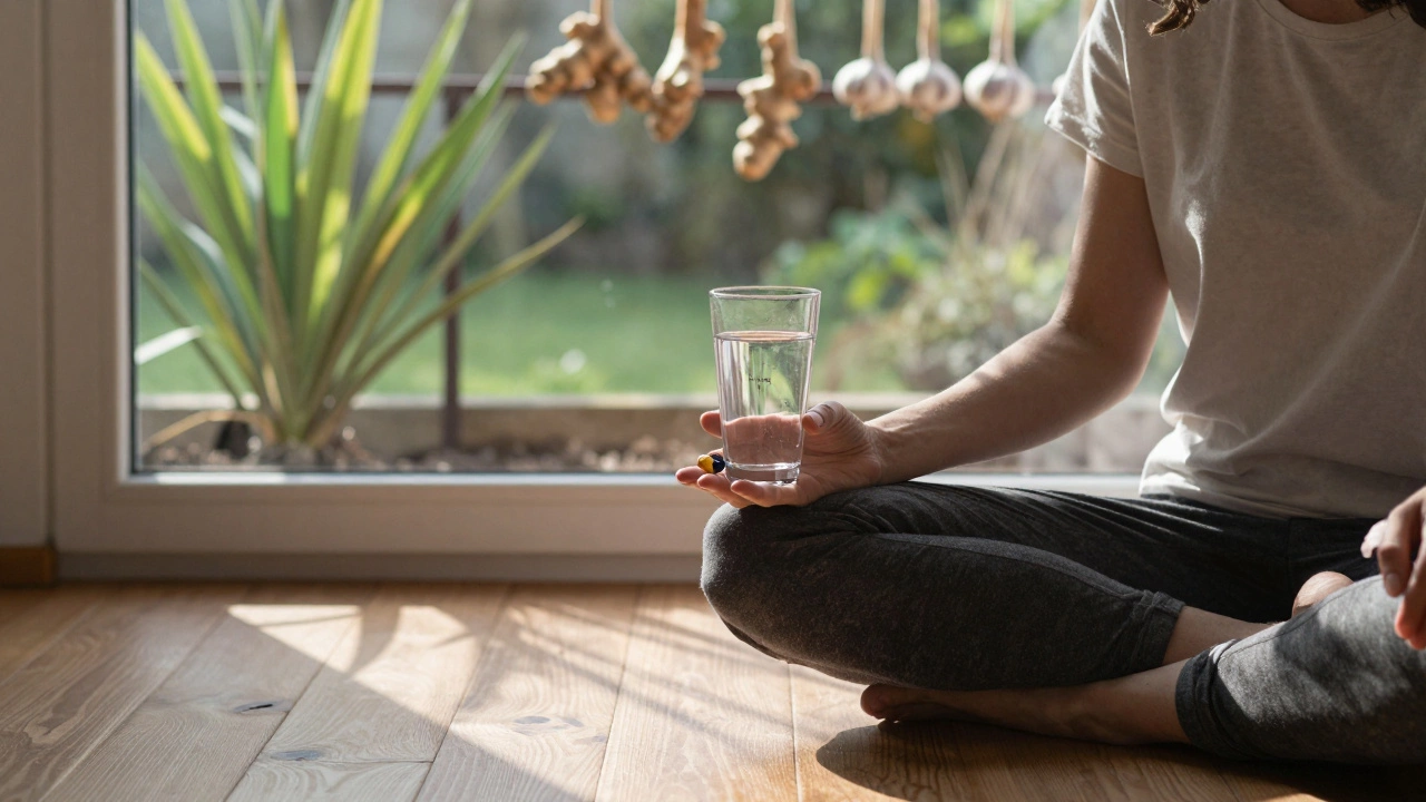 A person taking turmeric and ashwagandha capsules at sunrise with ginger and garlic plants in the background.
