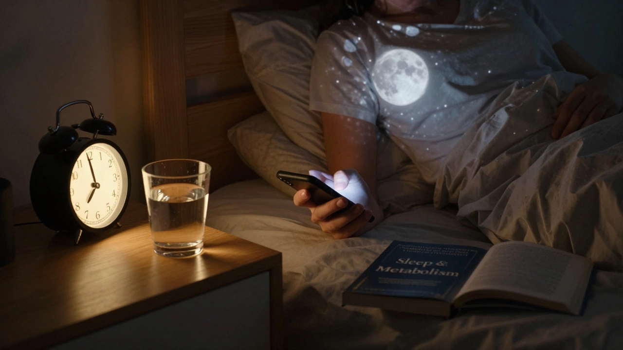 A person turning off an alarm at night with water and moonlight in a peaceful bedroom.