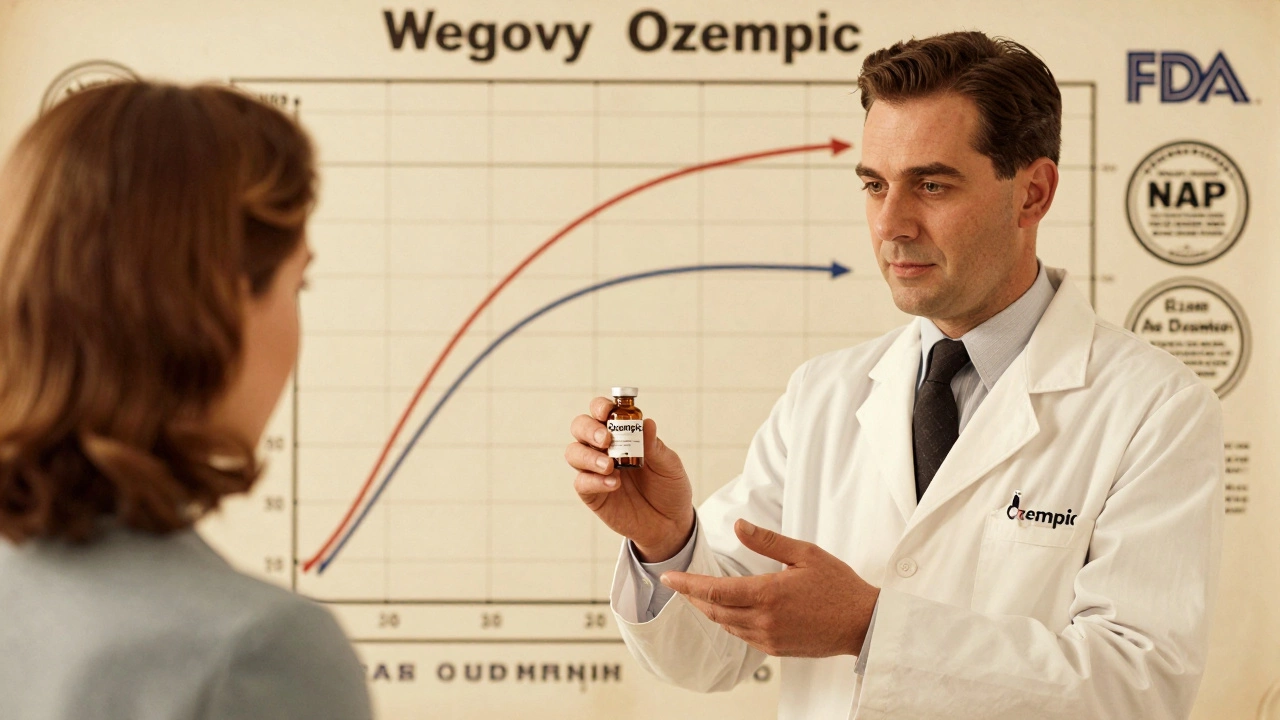A pharmacist handing Ozempic to a patient, with a weight loss comparison chart and safety seals in a vintage medical poster style.