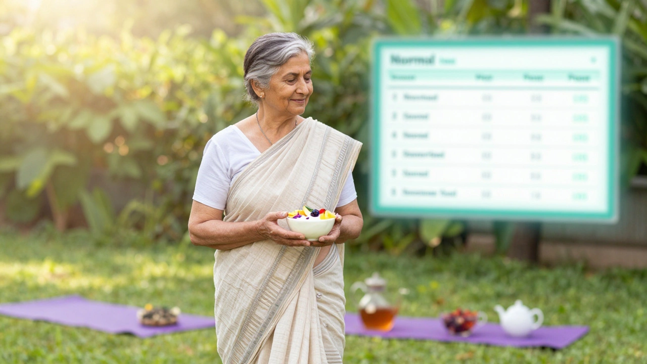 An elderly woman walking in a garden with healthy food, while a blood test screen glows softly behind her.