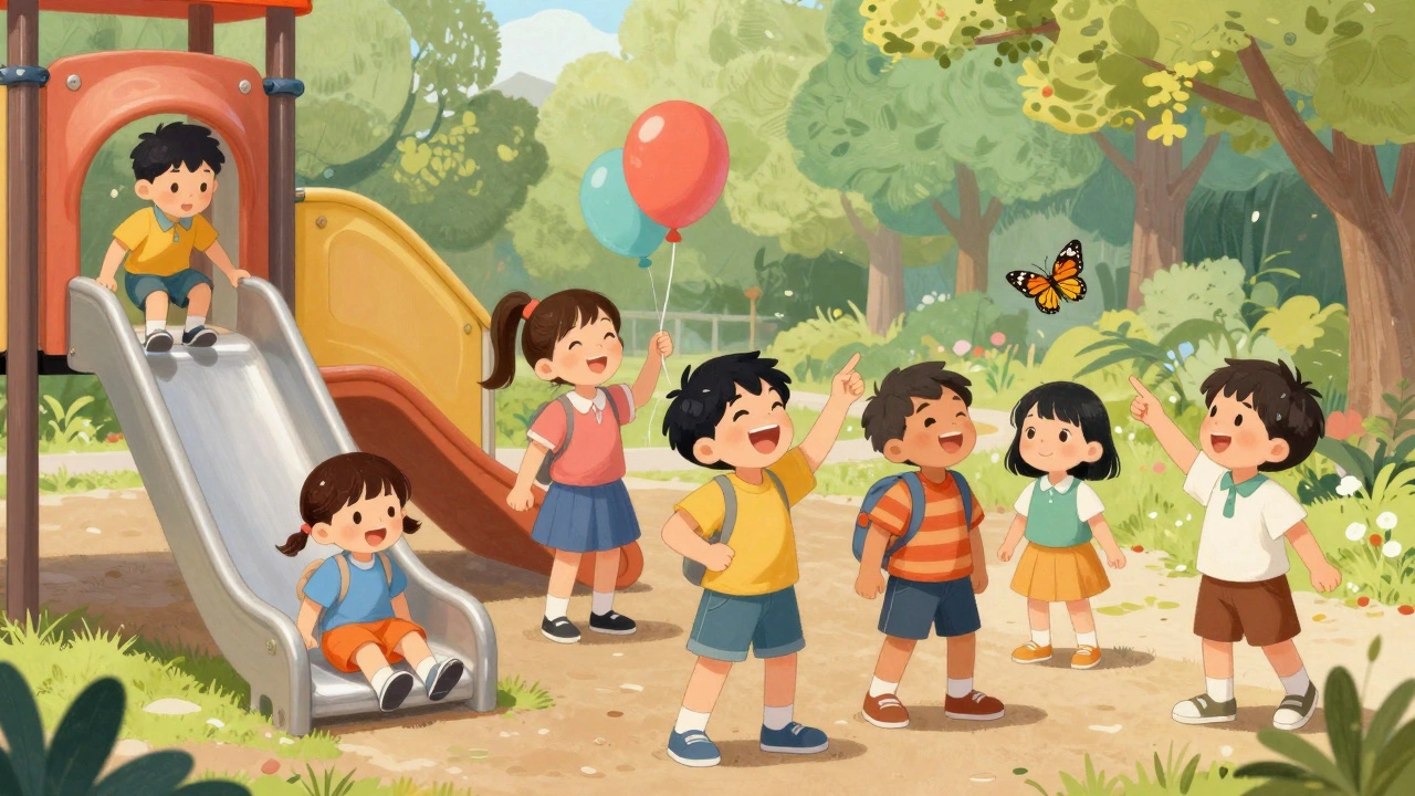 Diverse group of children playing joyfully in a park, laughing and exploring together.