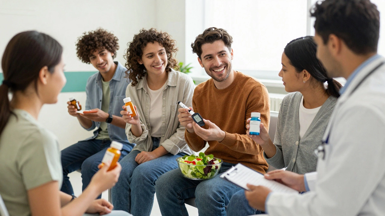 Diverse patients in a clinic holding medications, one checking a glucose monitor, doctor listening attentively.