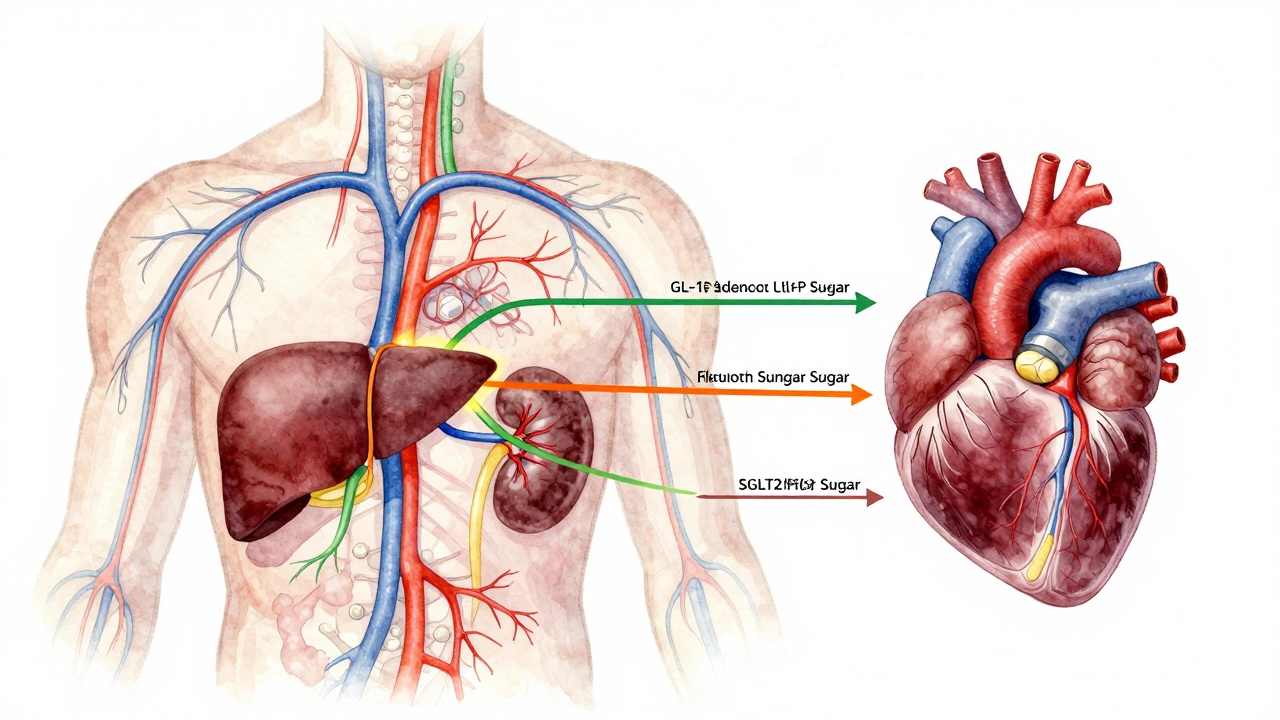 Human body with colored blood streams showing how different diabetes drugs target liver, appetite, and kidneys.