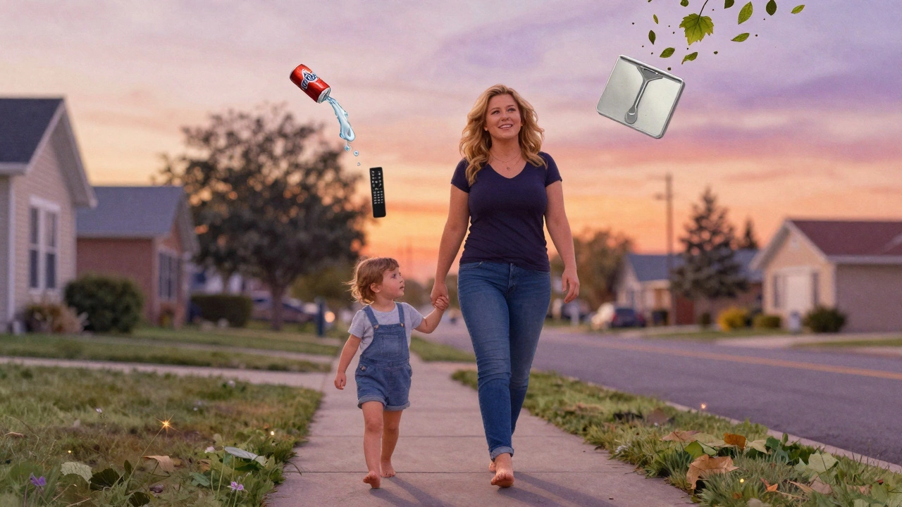 Kelly walking with her child at sunset, surrounded by fading diet symbols and natural light.