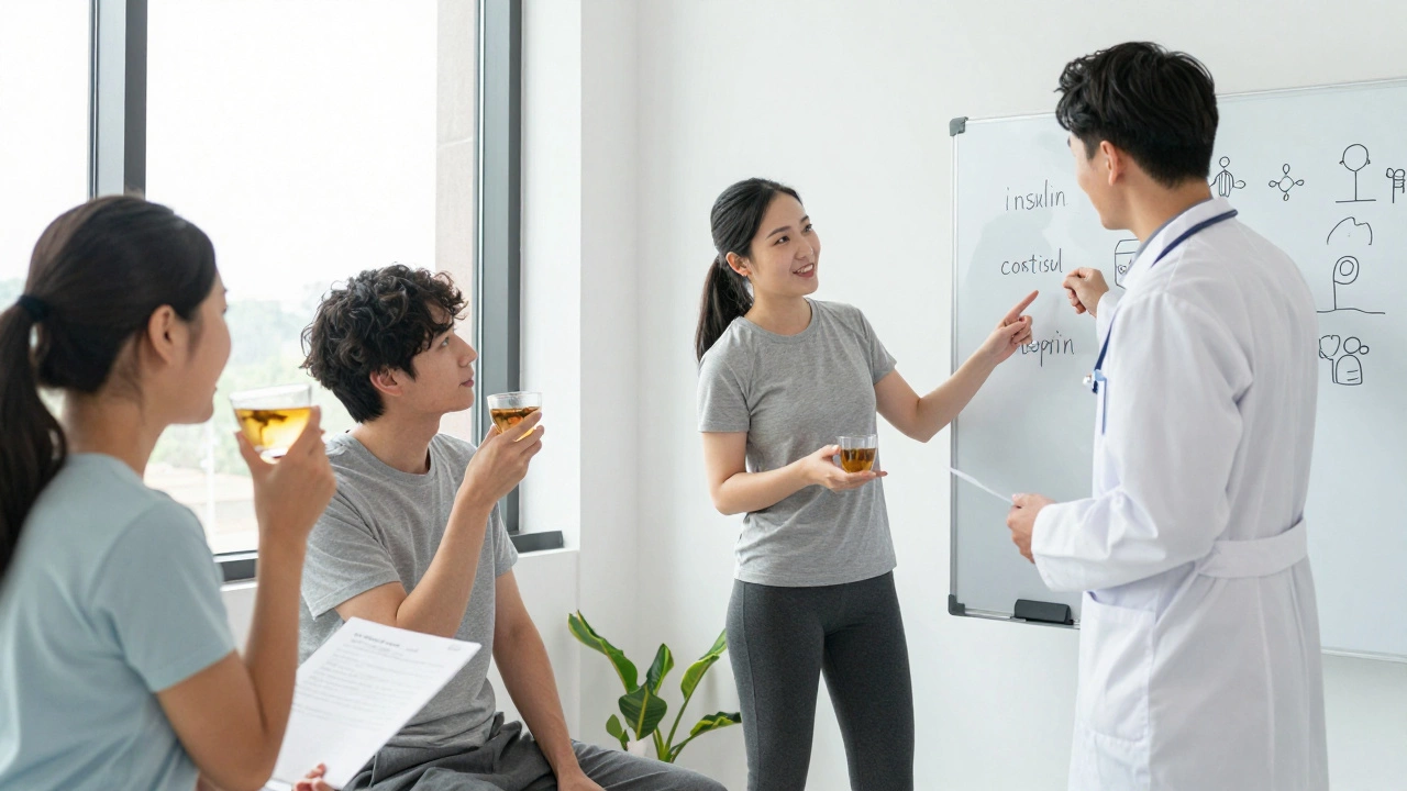 People in a clinic consulting with a coach about hormones and nutrition, natural light streaming in.