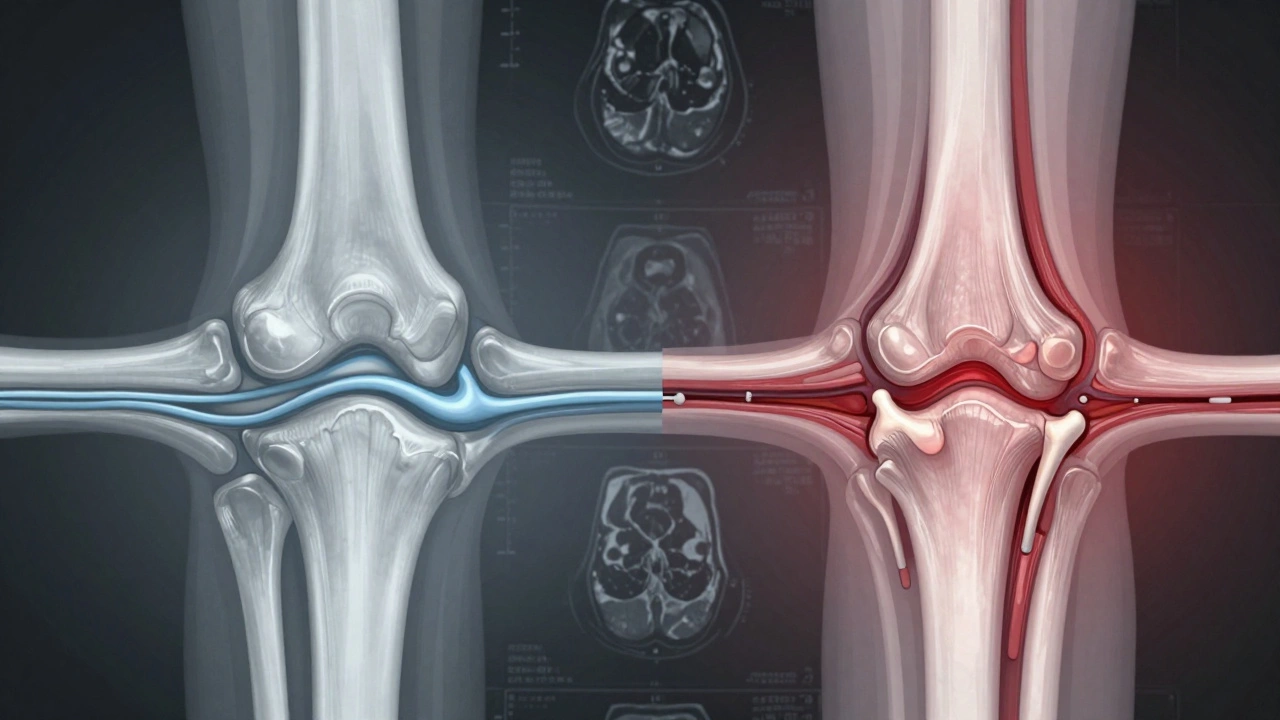 Side-by-side comparison of healthy and arthritic joint structures.