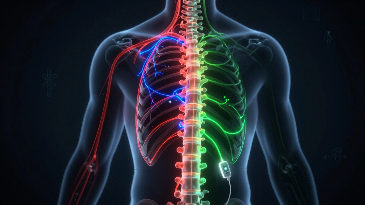 Spine with chaotic nerve signals transforming into calm pulses, aided by an implant device.