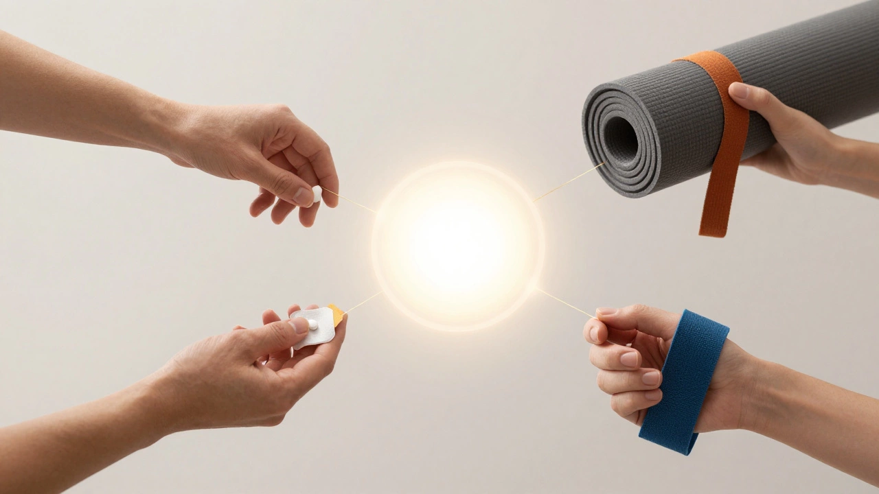 Three hands offering pill, patch, and exercise mat connected by golden threads representing combined therapy.
