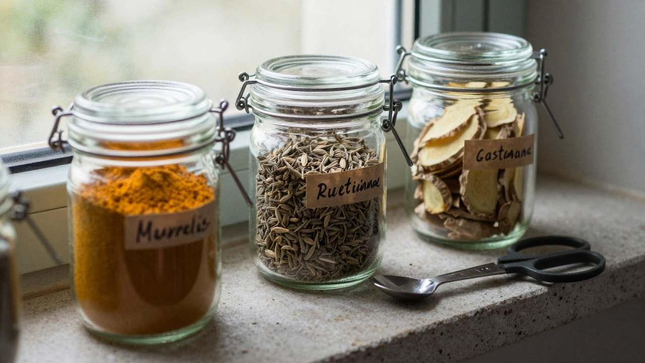 Three jars of turmeric, ashwagandha, and ginger root with measuring tools on a stone shelf.
