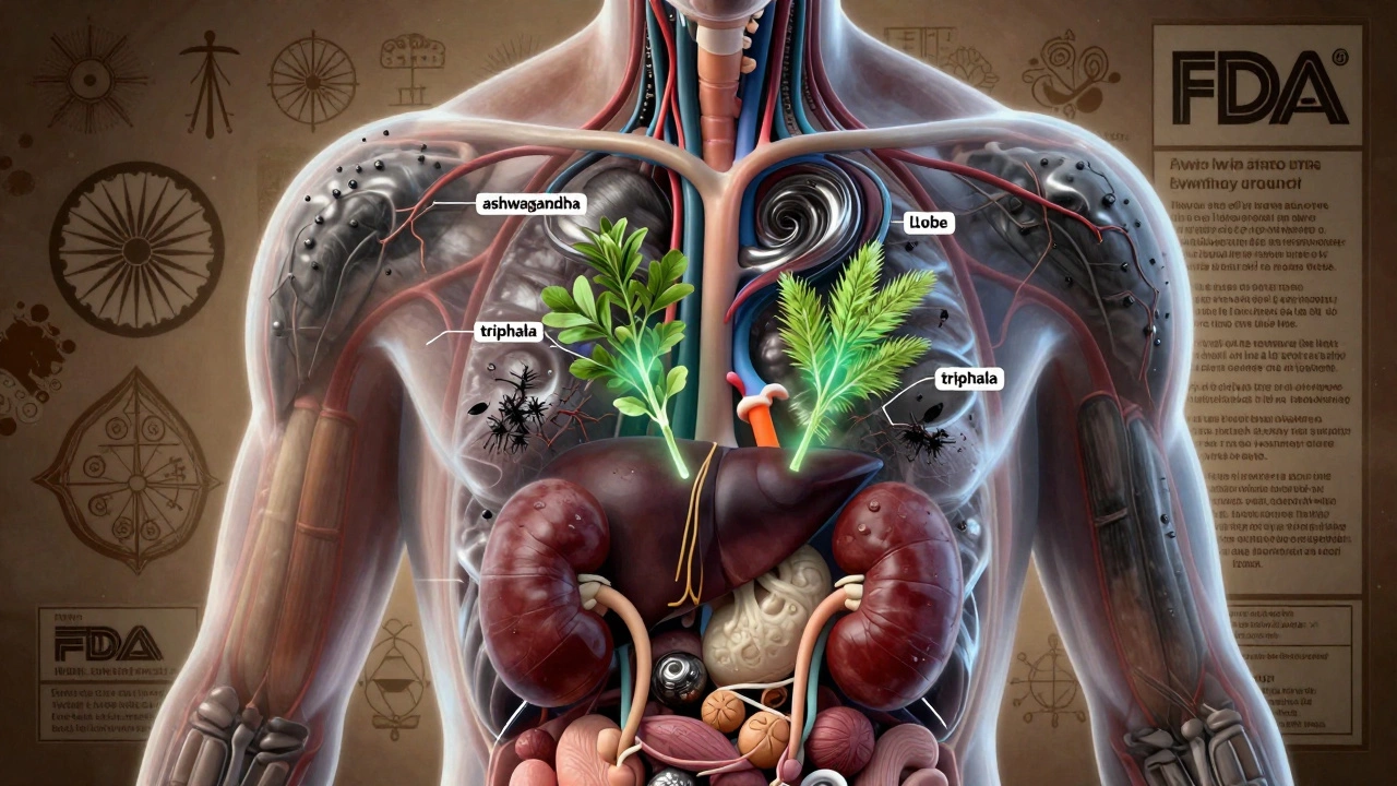 Transparent human torso with heavy metals damaging organs, surrounded by herbal symbols and warning labels.