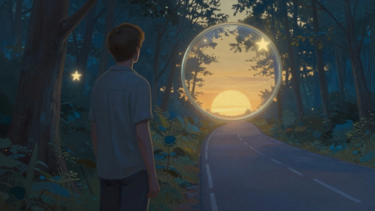 Young adult walking toward a sunrise as a glowing petri dish fades behind them like a memory.