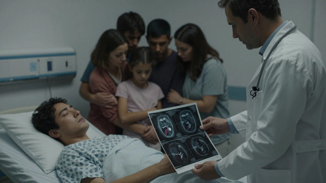 A doctor shows a cancer scan to a grieving family in a hospital room, capturing the emotional weight of late diagnosis.