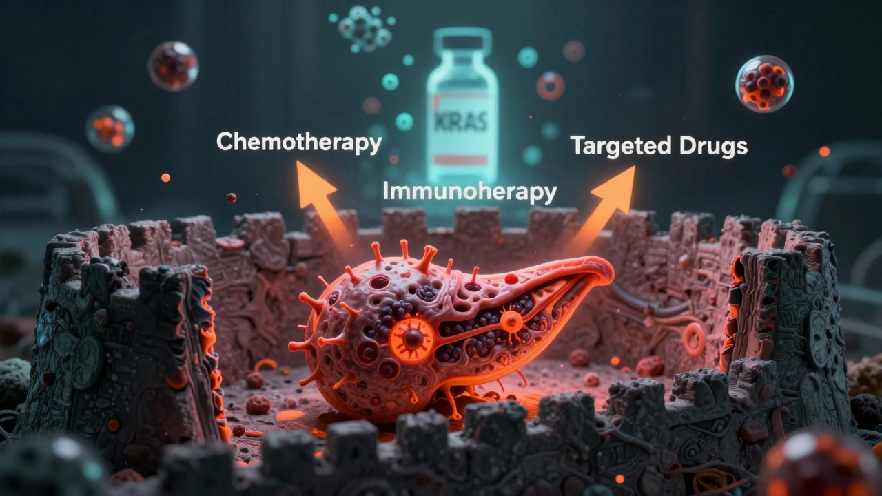 A fortress of fibrous tissue shielding a cancer tumor, with targeted therapies approaching like precision weapons.