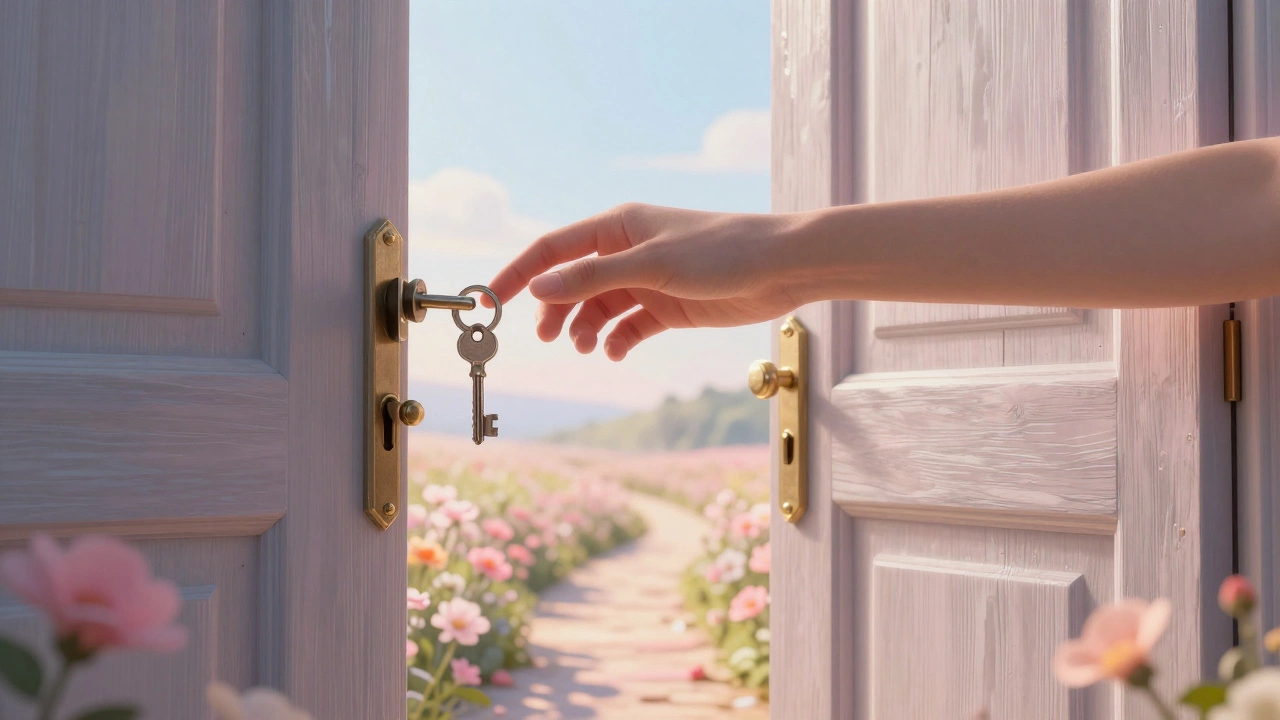 A hand placing a key into a lock as light spills from an open door, symbolizing the start of personal growth.