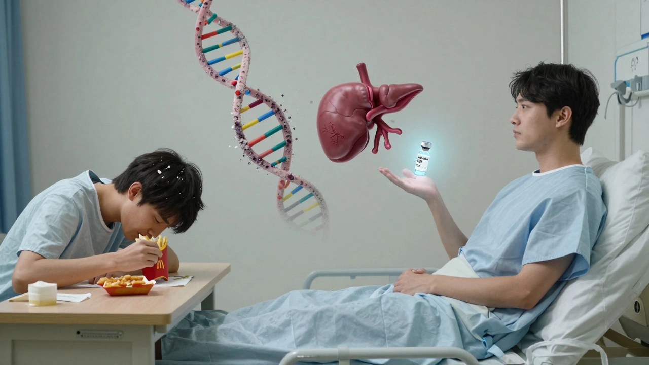 A symbolic contrast between unhealthy lifestyle and medical hope, with DNA and vaccine elements floating above a patient.