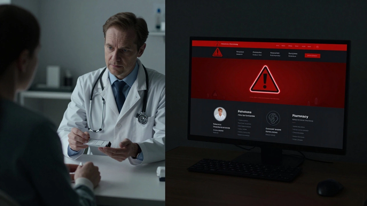 Doctor giving prescription next to warning sign for illegal online pharmacy