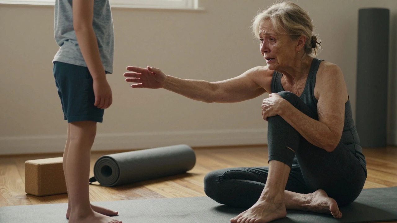 Elderly woman reaching for grandchild, unable to bend knee fully on yoga mat.