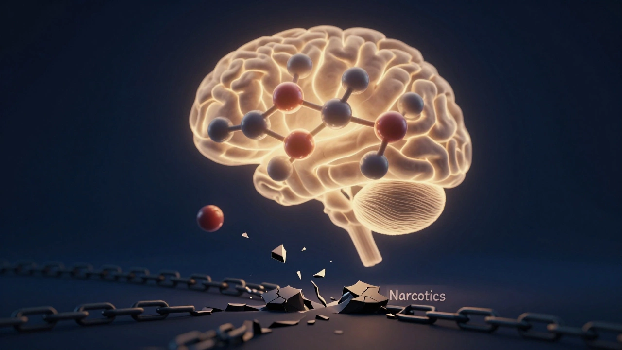 Serotonin molecules glowing around brain with shattered chains labeled 'Narcotics'