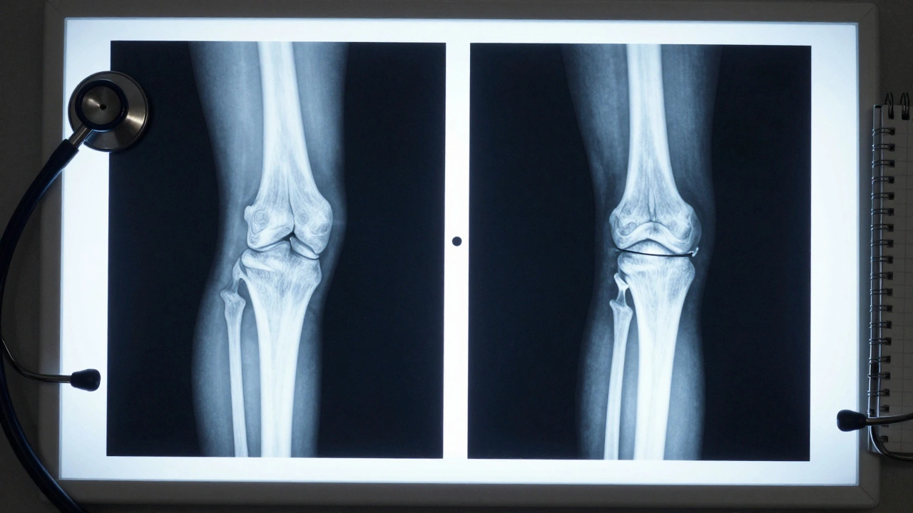 Side-by-side X-rays showing healthy knee versus bone-on-bone arthritis.