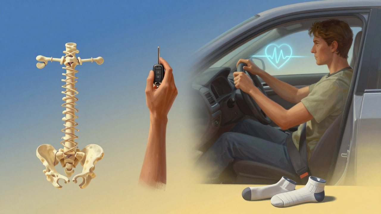 Timeline art showing healing sternum, car key hesitation, and confident driving with seatbelt safety.