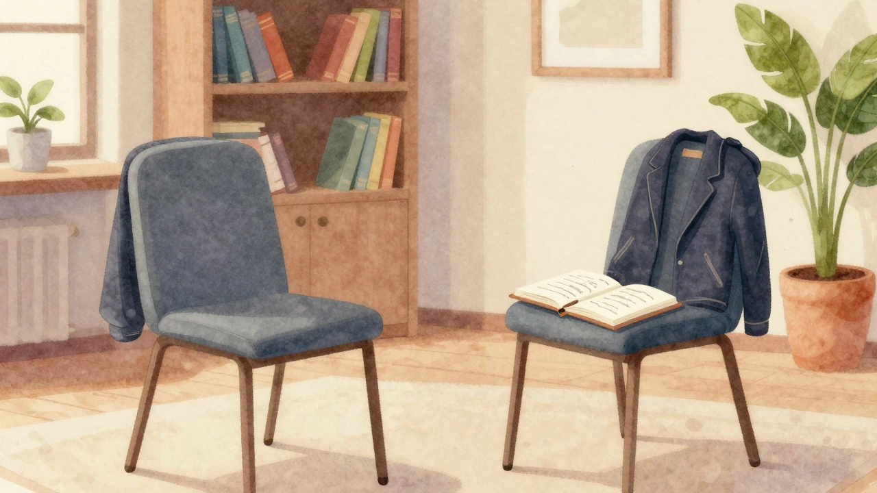 Two chairs in a warm therapy room, one with a jacket and notebook, conveying safety and quiet readiness for healing.