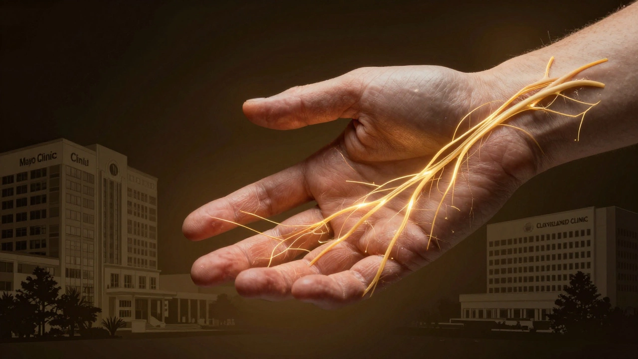 A hand with glowing golden nerve fibers regenerating, symbolizing recovery and specialized care.