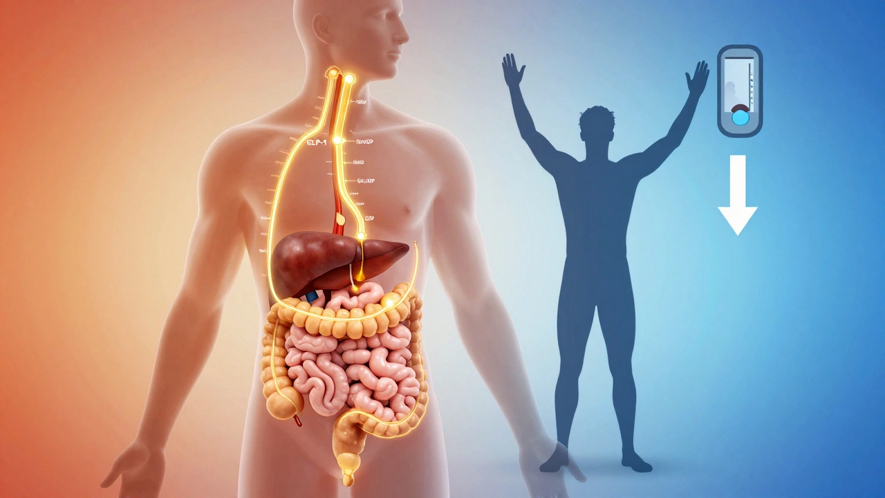 A human body with glowing GLP-1 and GIP pathways activating insulin and reducing appetite.