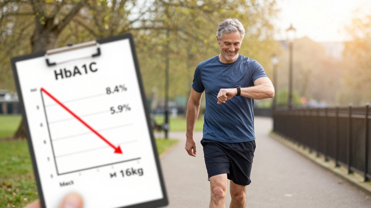 A man walking confidently in a park, symbolizing health improvement after tirzepatide treatment.
