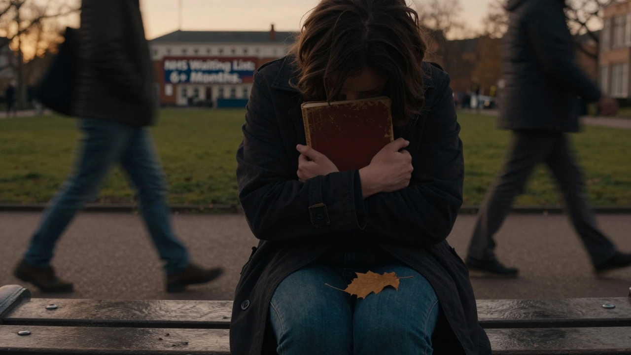 A person on a park bench at dusk, holding a journal, while others walk by unnoticed, conveying isolation.