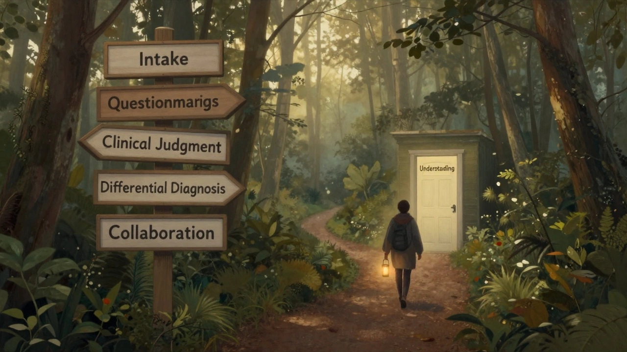 A symbolic path through a forest with diagnostic steps leading to a glowing door labeled 'Understanding.'