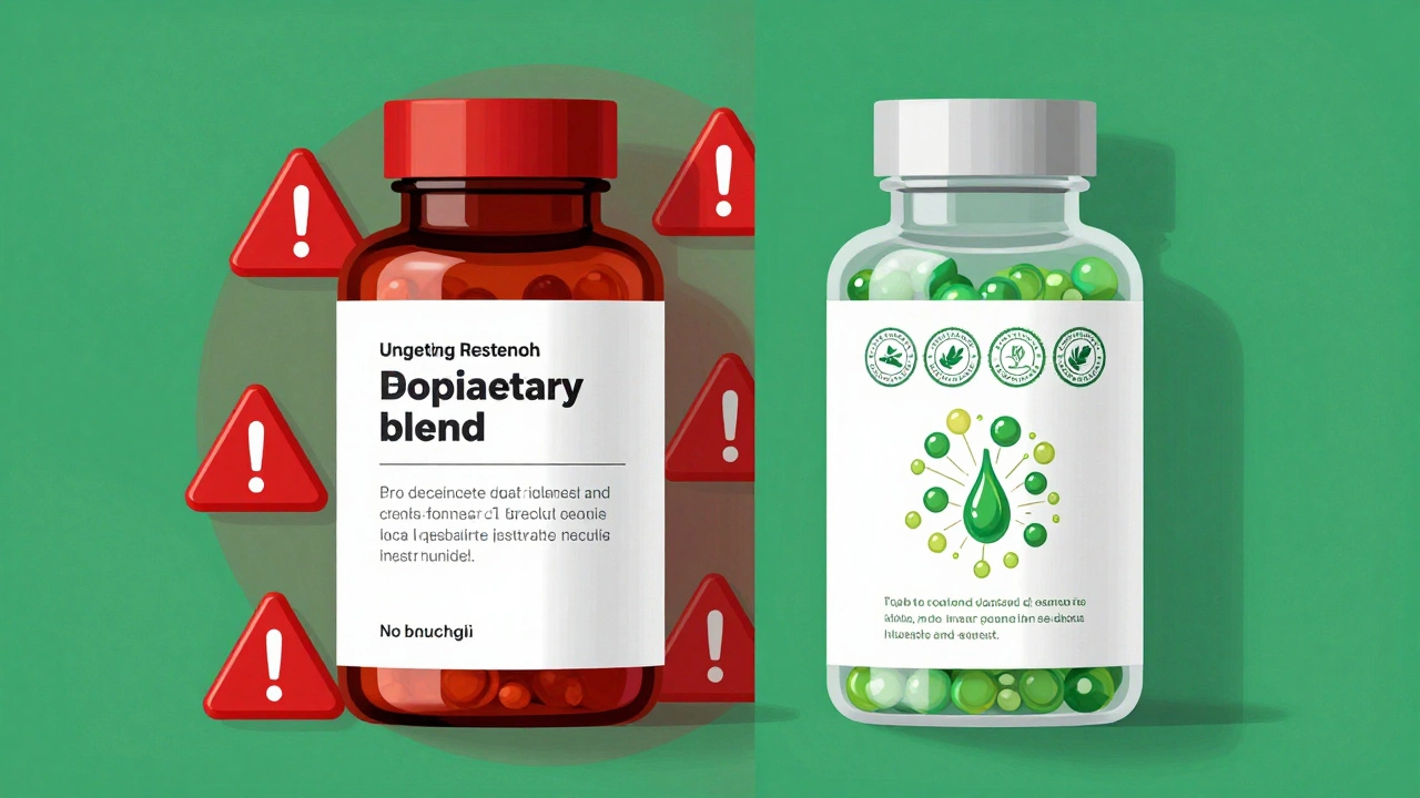 Contrasting poor-quality vs. transparent herbal supplement labeling with warning symbols