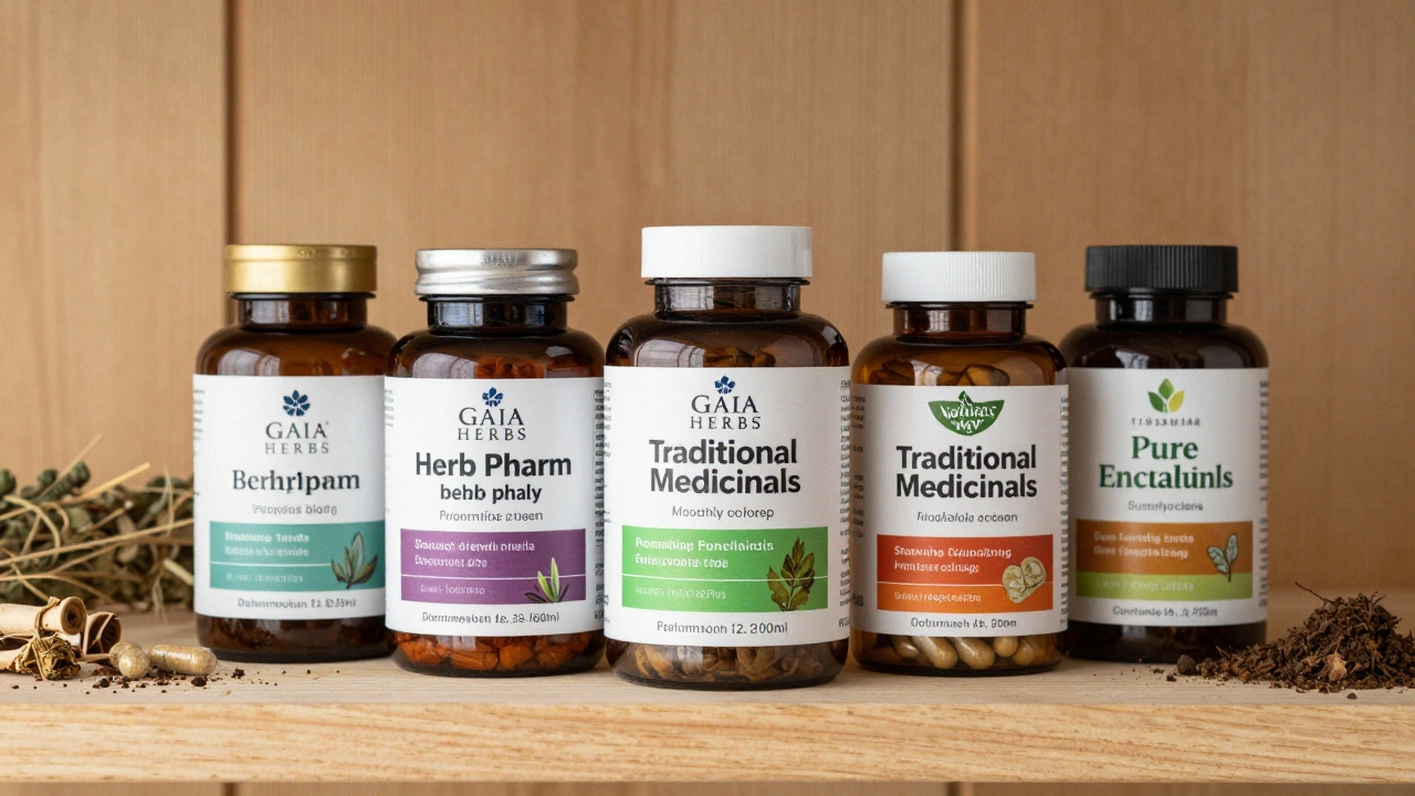 Five trusted herbal supplement brands on shelf with clear labeling and herbs nearby