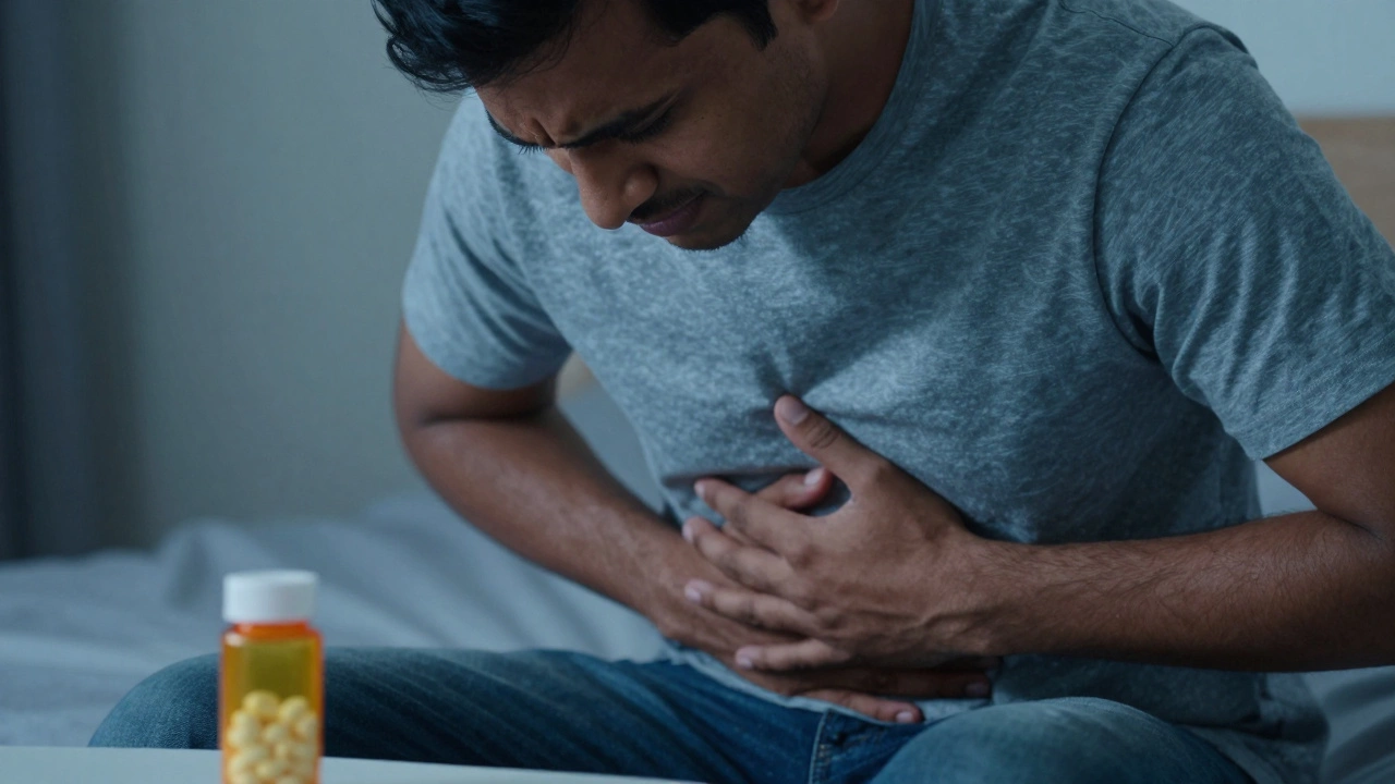 Indian man experiencing stomach pain from self-medication