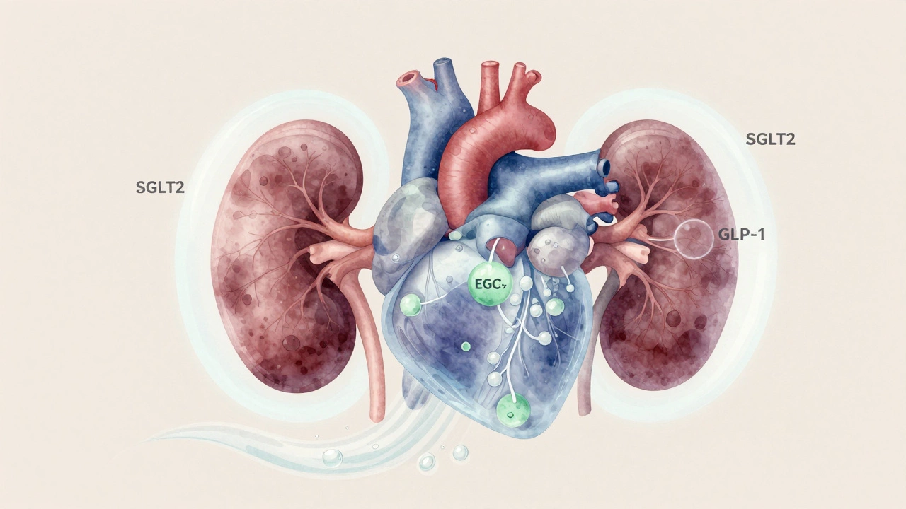 Kidney and heart with protective molecular structures symbolizing diabetes medication benefits