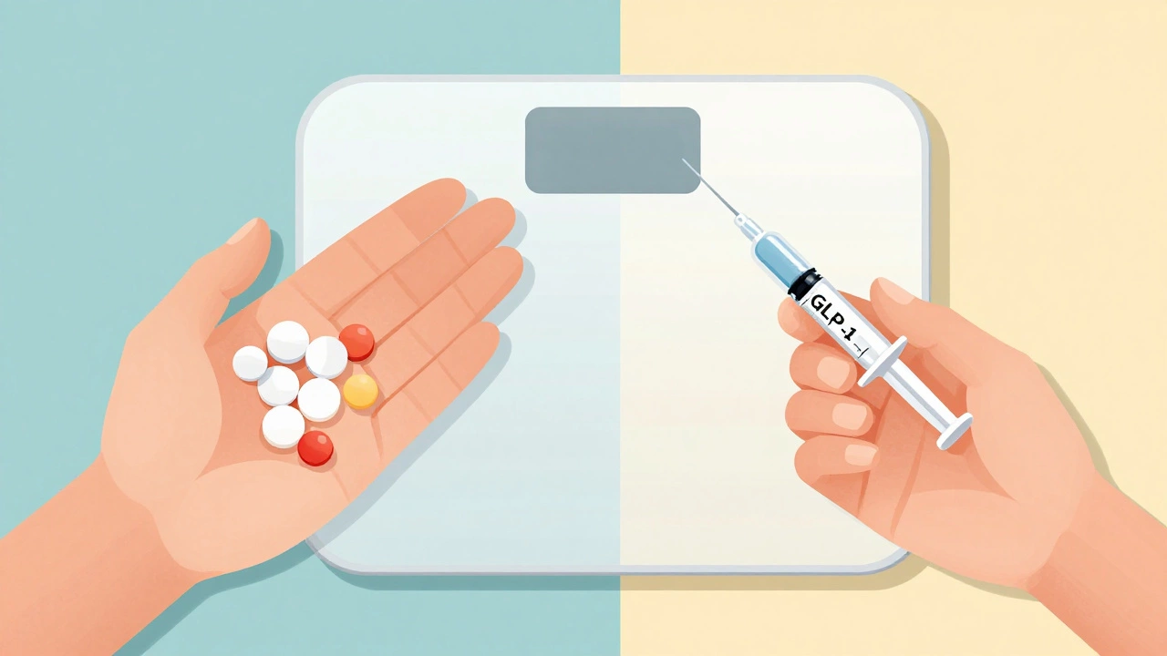 Oral tablets and injection syringe comparison with weight scale