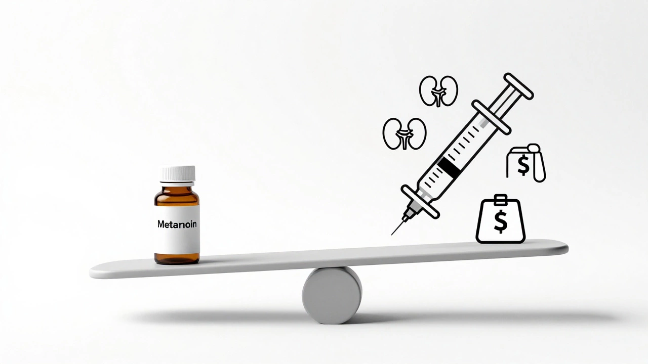 Scale balancing metformin bottle against syringe with health and cost icons