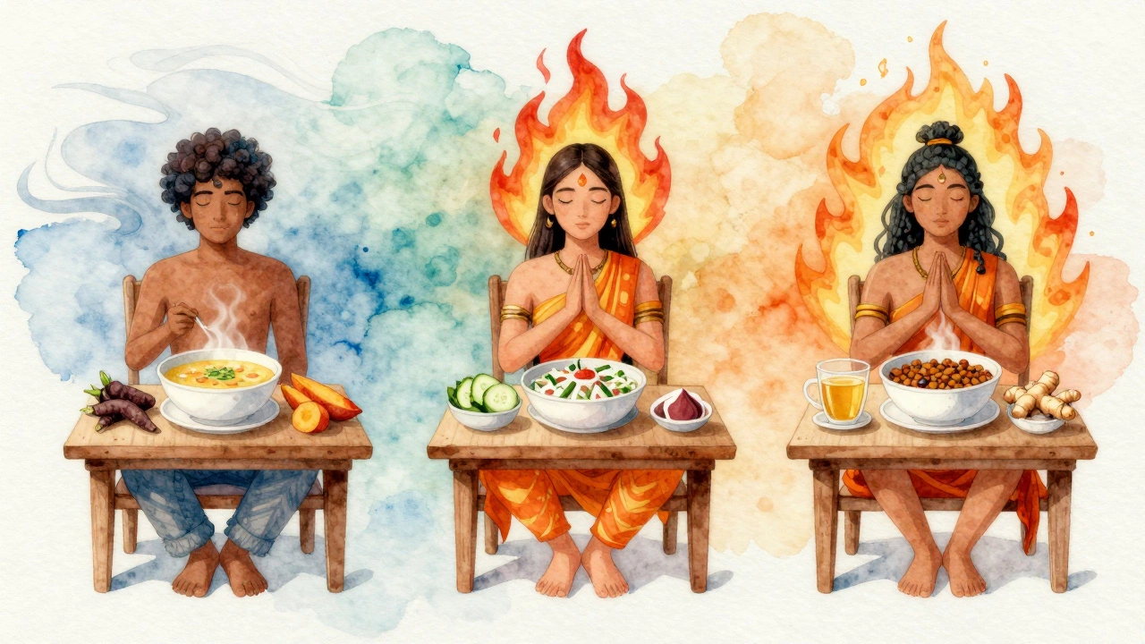 Three individuals representing Vata, Pitta, and Kapha doshas with personalized ayurvedic meals.