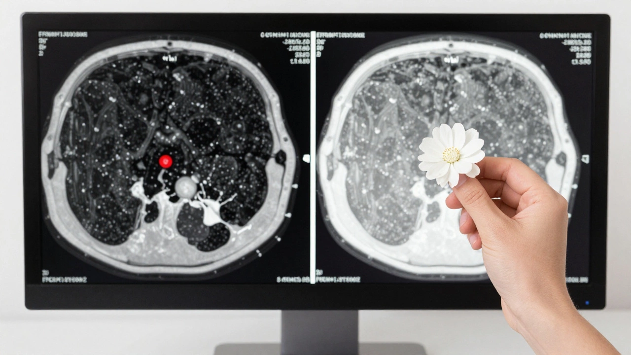 Before-and-after medical scan comparison with a flower placed on the monitor symbolizing hope.