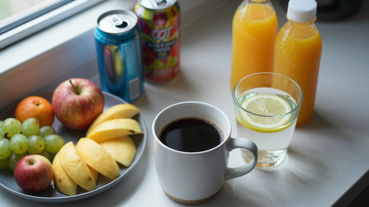 Breakfast table with healthy coffee and fruit, sugary drinks blurred in background.