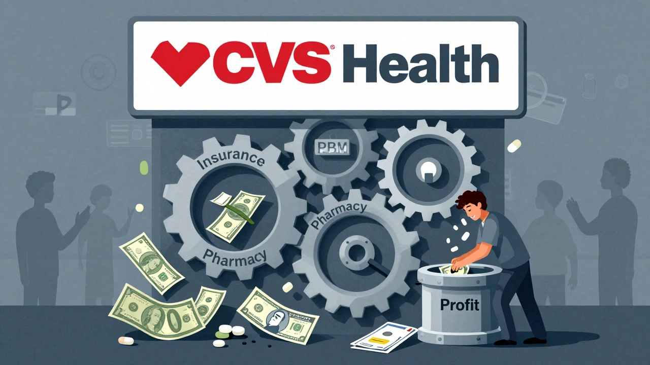 Corporate diagram showing CVS Health's insurance, PBM, and pharmacy system funneling money from patient to profit.