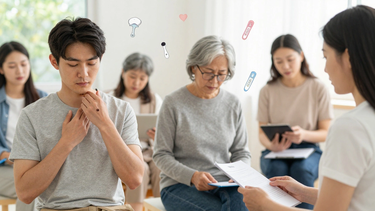 Diverse individuals engaging in cancer screening routines — skin check, self-exam, and appointment scheduling — under natural daylight.