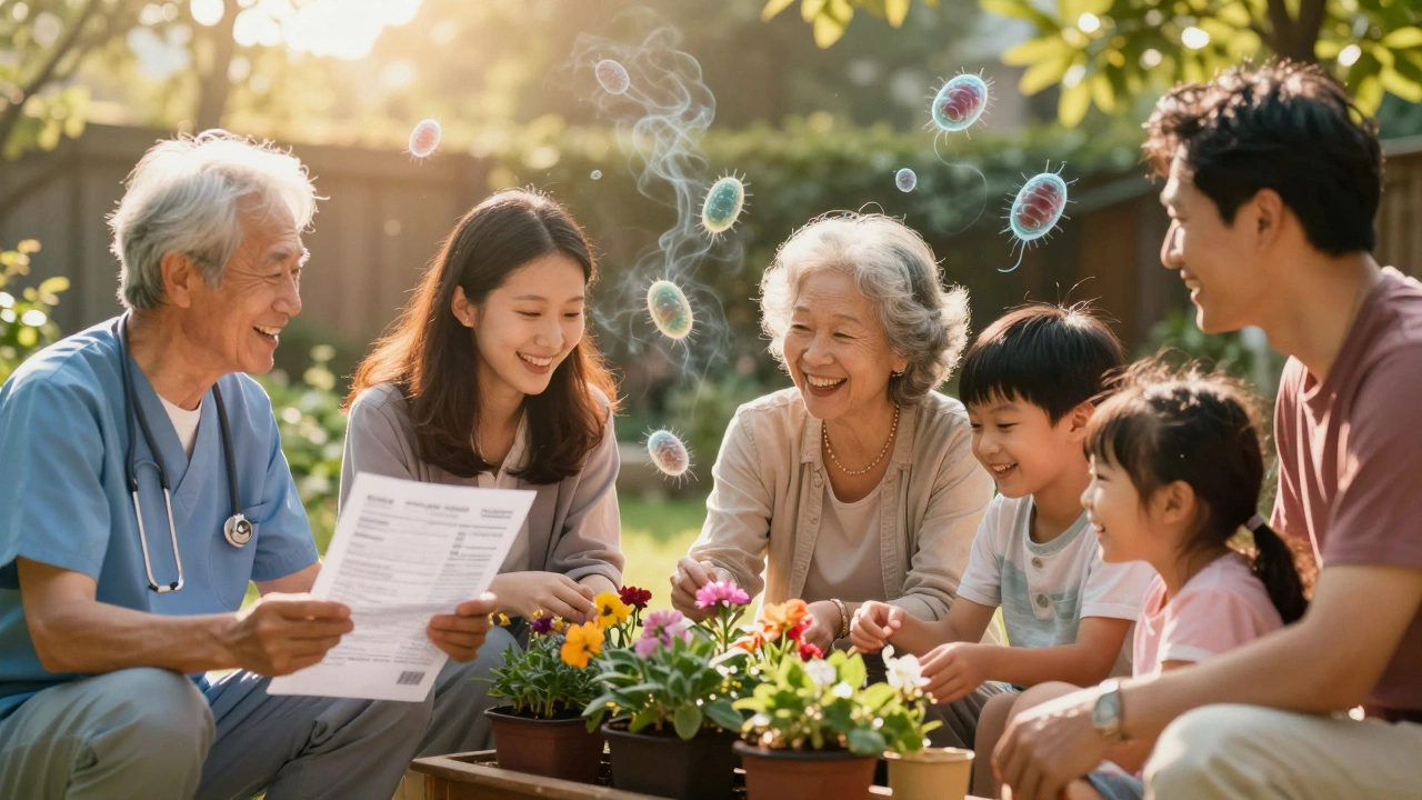 Diverse patients enjoying life outdoors after cancer remission, with fading cancer cells around them.