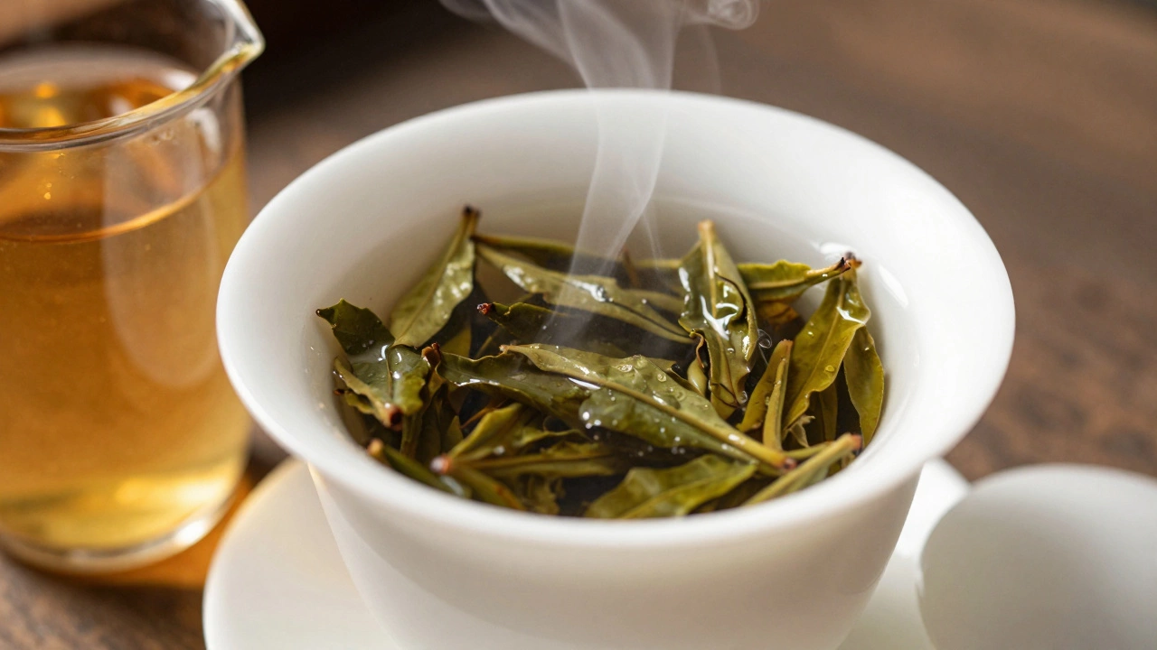 Green tea leaves in ceramic cup with amber vinegar jar nearby, warm light.